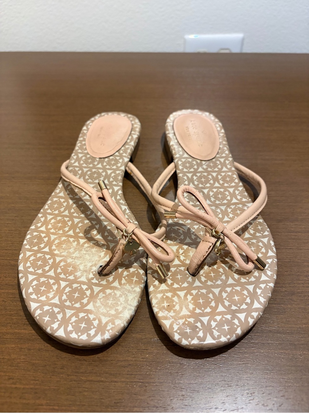 kate spade Blush Pink Bow Thong Sandals with Patterned Footbed